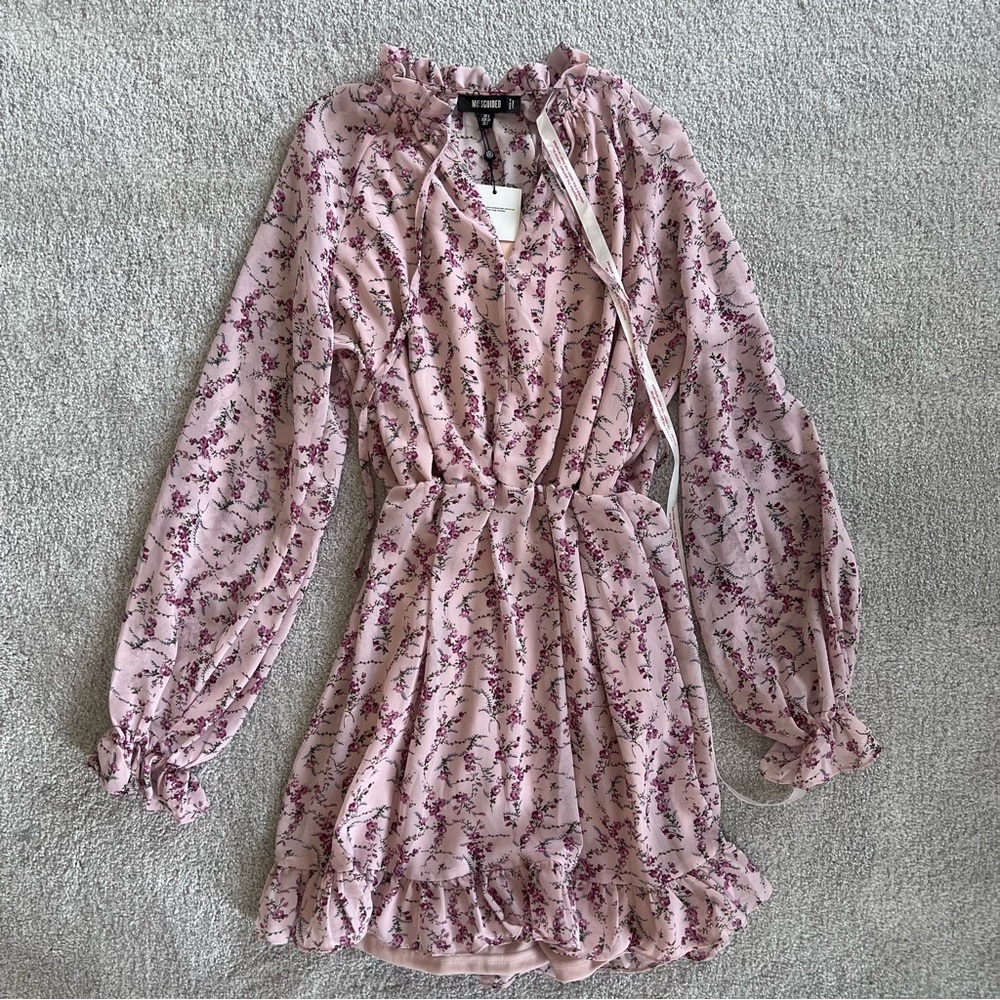 Missguided Pink Floral High Neck Keyhole Skater Mini Dress